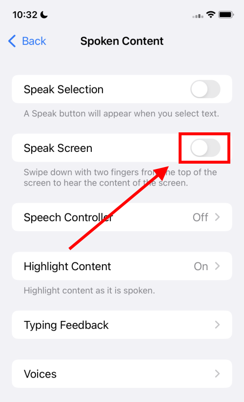 Tap Speak Screen to turn the toggle switch on